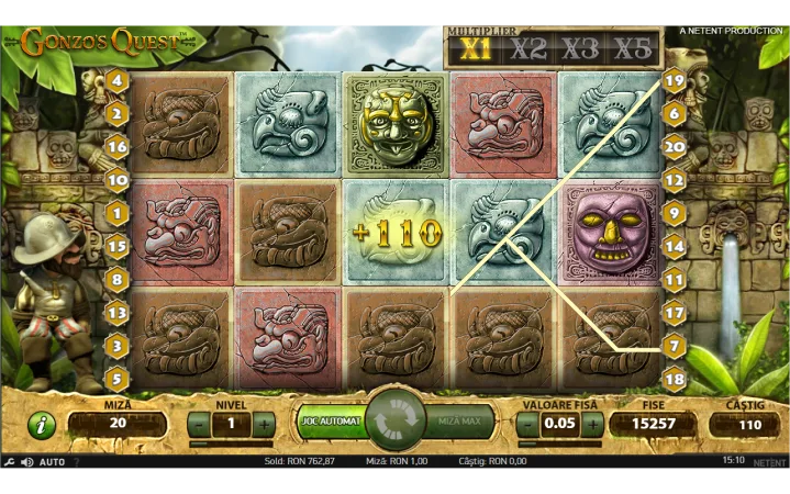 Gonzo's Quest slot pe ecran de castig, 110 puncte adaugate. Multiplicator activat pe X1.