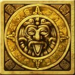 Simbol aztec auriu in forma de patrat cu elemente stilizate si figuri gravate.