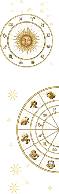 Zodii aurii intr-un cerc zodiacal cu un soare zambitor in centru, inconjurat de stele stralucitoare.