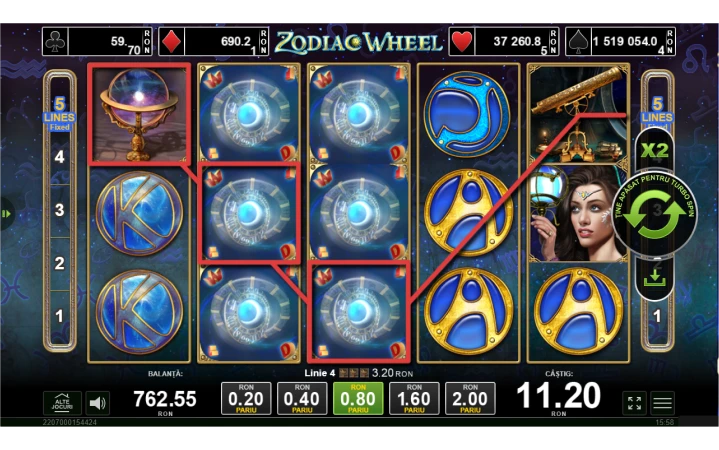 Ecran de joc slot Zodiac Wheel cu simboluri aliniate si castig de 11.20 RON.