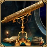 Lentila telescopica antica auriu filigran, pe un birou cu lumanare, carti si o fereastra deschisa.