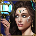 Femeie cu parul lung tinand un glob stralucitor in mana, cu simboluri albe pe fata.