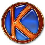 Sigla rotunda cu margine aurie si interior albastru, cu litera K stilizata pe fond negru.