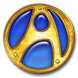 Sigla circulara aurie cu simbol stilizat al literei A pe fundal albastru.