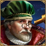 Barbat in varsta cu ochelari, caciula verde si haina rosie, tinand un telescop sub un cer instelat.