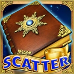 Carte maro cu elemente aurii si o piatra albastra, etichetata cu textul SCATTER.