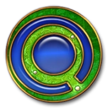 Sigla colorata cu un cerc albastru central si un design complex verde pe margini.