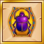 Scarab mov, stilizat, pe un fundal auriu decorat cu detalii colorate.