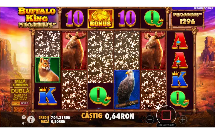 Slot Buffalo King Megaways afiseaza castigul de 0,64 RON cu simboluri animale si litere colorate.