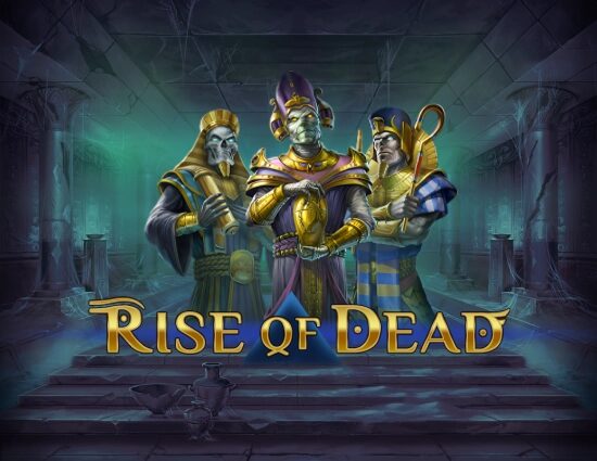 Trei faraoni mumii in interiorul unui templu egiptean antic cu textul Rise of Dead pe ecran.