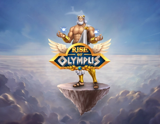 Zeus, stand pe o stanca in nori, tinand in maini trasnete, cu textul Rise of Olympus.
