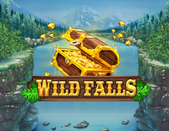 Cufar cu comori de aur, text WILD FALLS, in fata unei cascade intre munti.