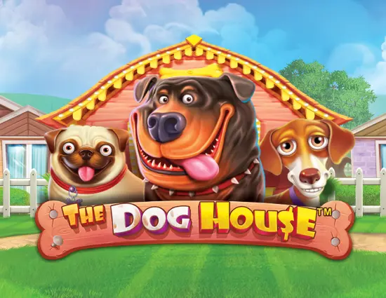 Trei caini zambitori in fata unei casute, text: THE DOG HOUSE.