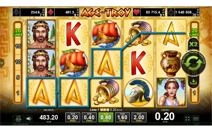 Aceasta este o imagine de ecran dintr-un joc de sloturi de cazinou intitulat Age of Troy. Ecranul arata simbolurile specifice jocului organizate in cinci coloane si trei randuri. Printre simbolurile vizibile se numara un barbat cu barba, casti de razboi, un vas de ceramica, literele K si A si o femeie. Exista si cateva linii de plata evidentiate. in partea de jos, se arata urmatoarele informatii despre pariuri: Balanta: 483.20 RON, Pariu: 0.20, 0.40, 0.80, 1.60, 2.00 RON, si Castig: 0.20 RON. De asemenea, se evidentiaza un castig recent de 0.20 RON.

Text relevant din imagine: Age of Troy.