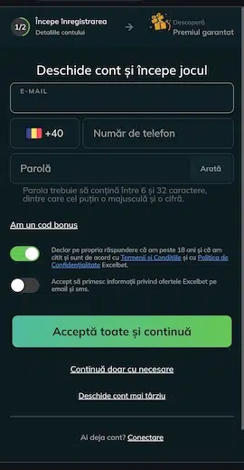 Inregistrare Excelbet mobil