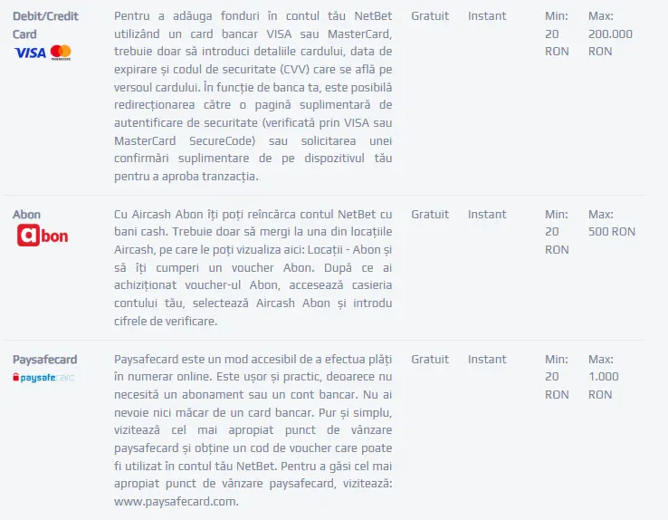 comision depuneri netbet