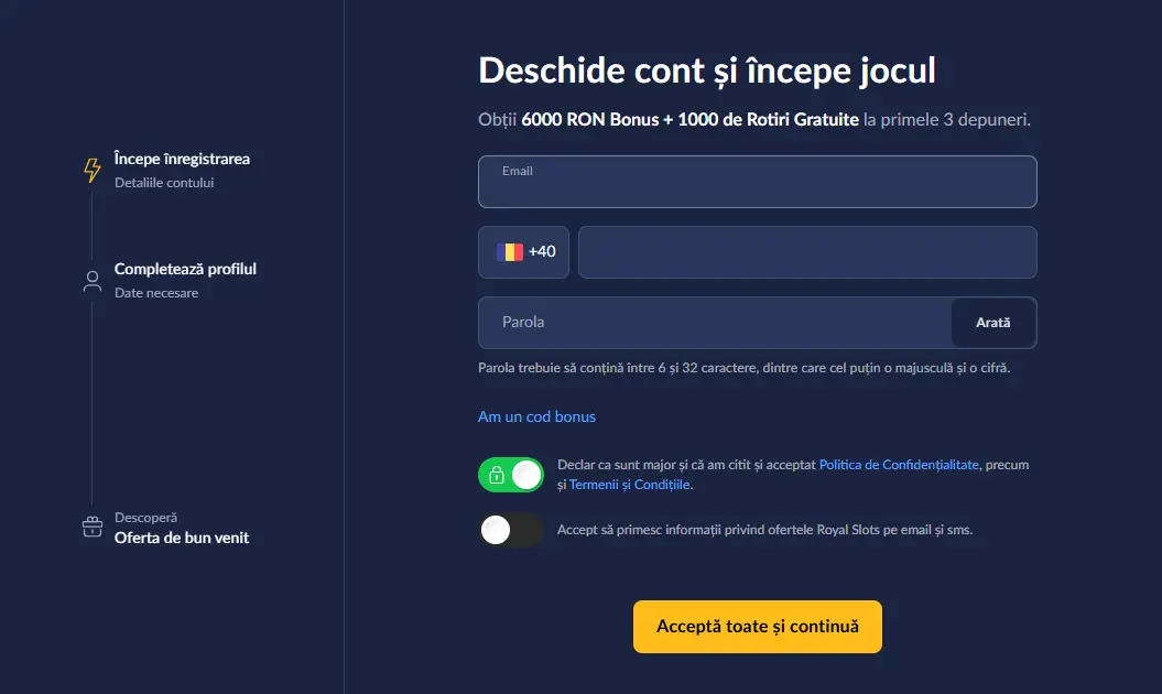 Deschidere cont Royal Slots