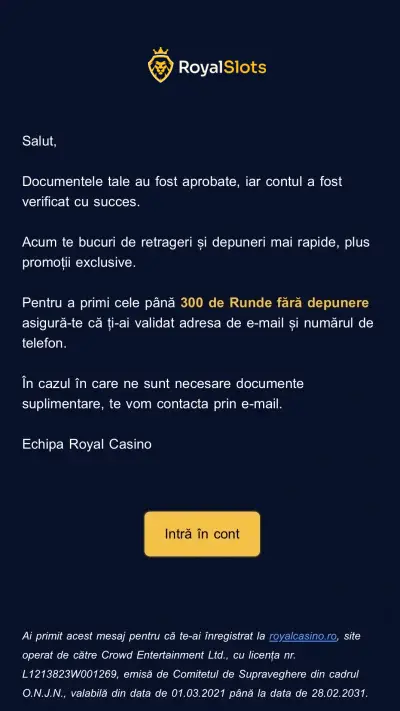Verificare cont Royal Slots pasul 5