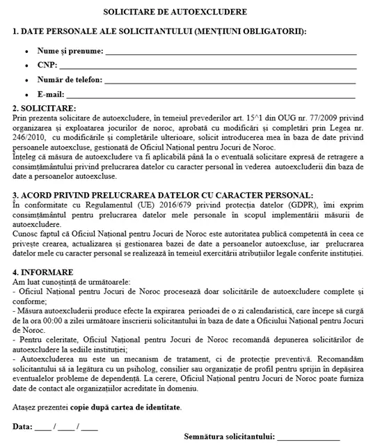 Formular Autoexcludere ONJN