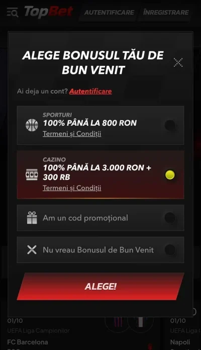 Bonus bun venit Topbet.ro pas 1