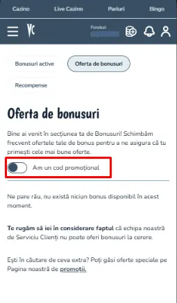 Activatie van promotiecode bij Vlad Cazino